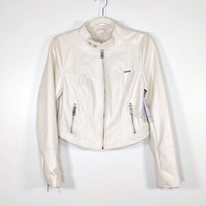 Guess Faux Leather Moto Jacket Cream Vegan Cropped Small W4GL13K8S30 NWT